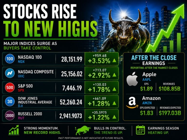 New highs for major indices. Tim Cook’s last earnings release at Apple