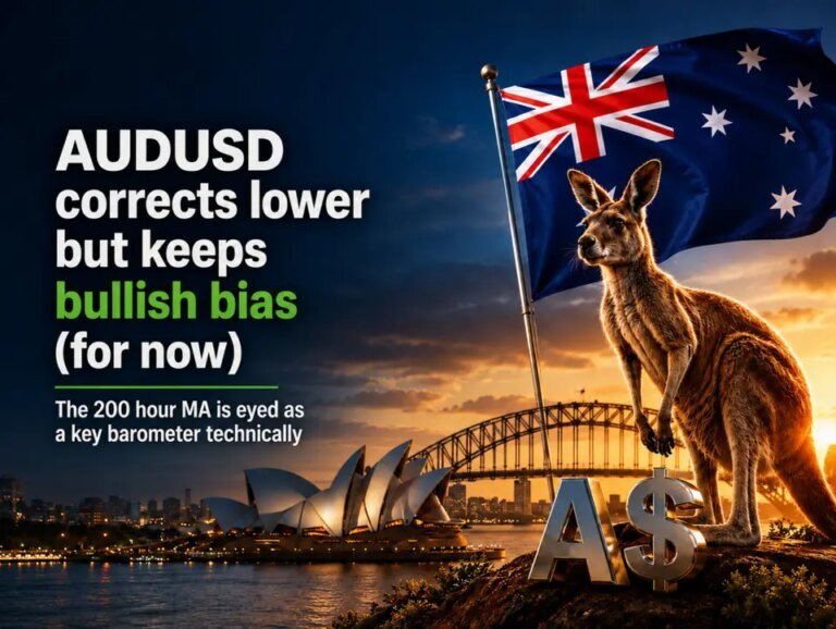 AUDUSD corrects lower but keeps bullish bias. The 200 hour MA is eyed as a key barometer now