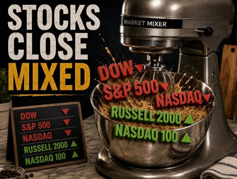 US indices close mixed with Dow, S&P and Nasdaq lower, but Russell and Nasdaq 100 higher