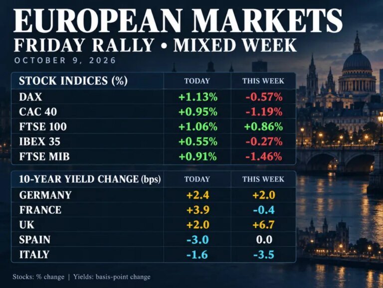 European stocks finish higher Friday, but most post weekly declines