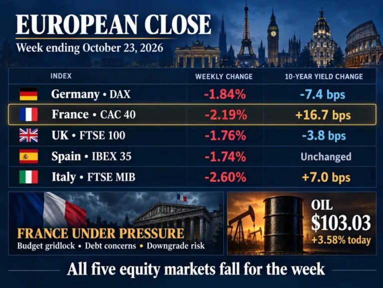 European stocks post weekly losses. French yields climb. Brent above $117/crude above $103