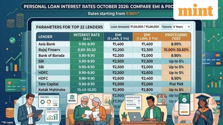 Personal loan rates October 2026: Check EMI and processing fees across 22 lenders