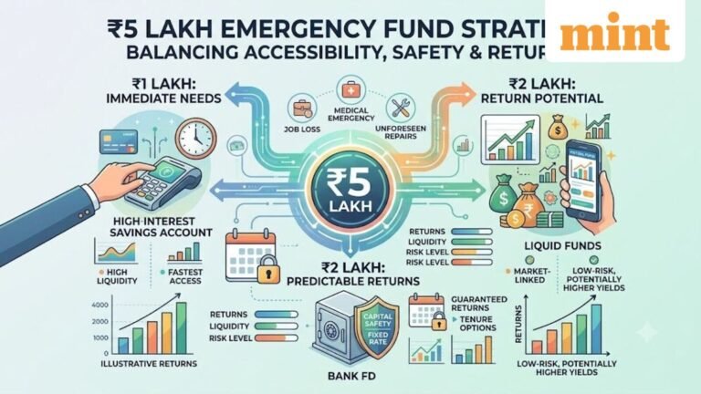 ₹5 lakh emergency fund: Mutual fund, bank FD, liquid funds – where to keep money for best returns, fast withdrawals